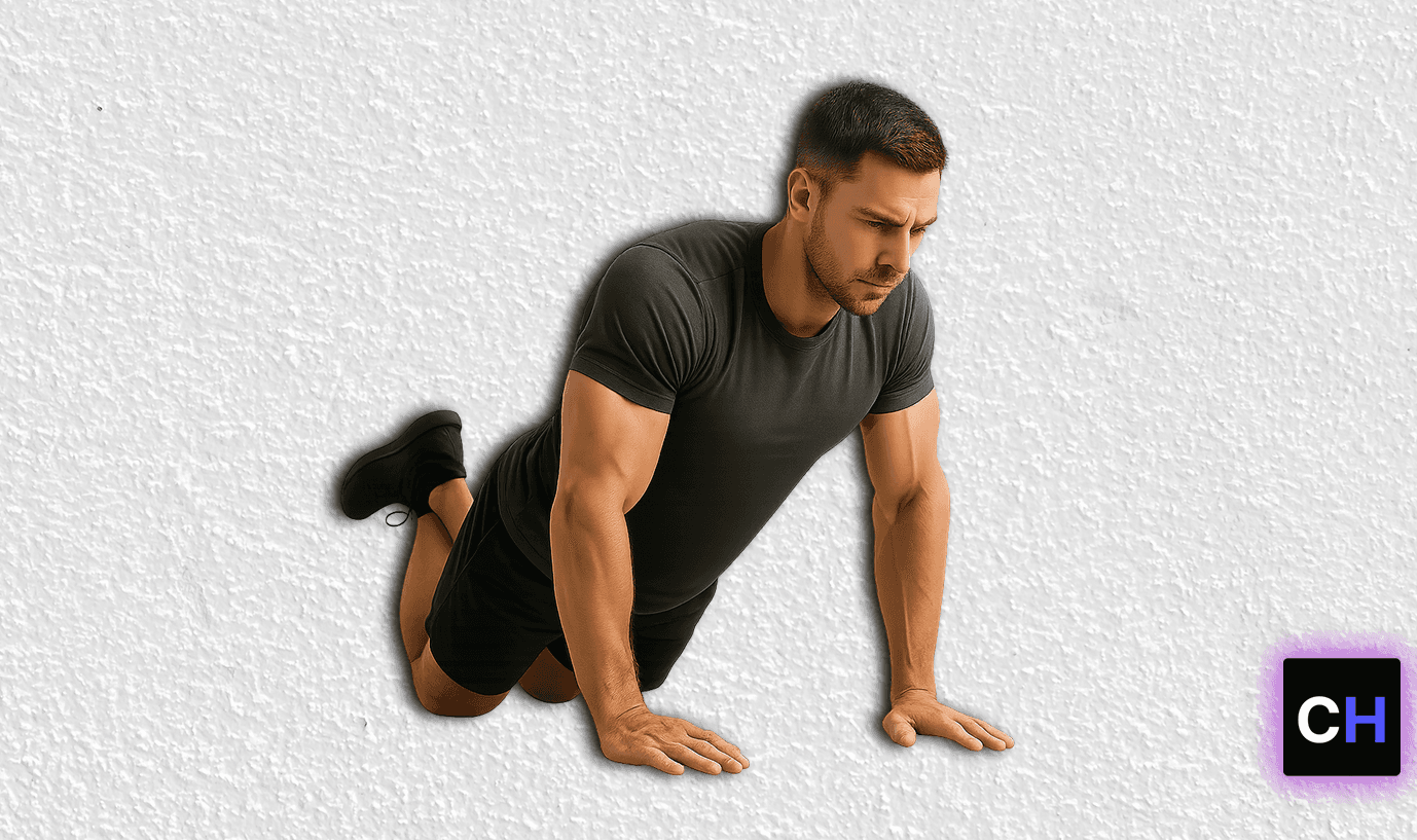 Knee push-up top position — straight line from knees to head, arms extended.